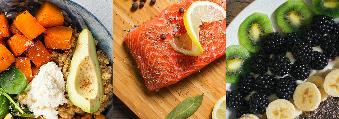 Three images of healthy food, including fruits, salmon, and a quinoa bowl.