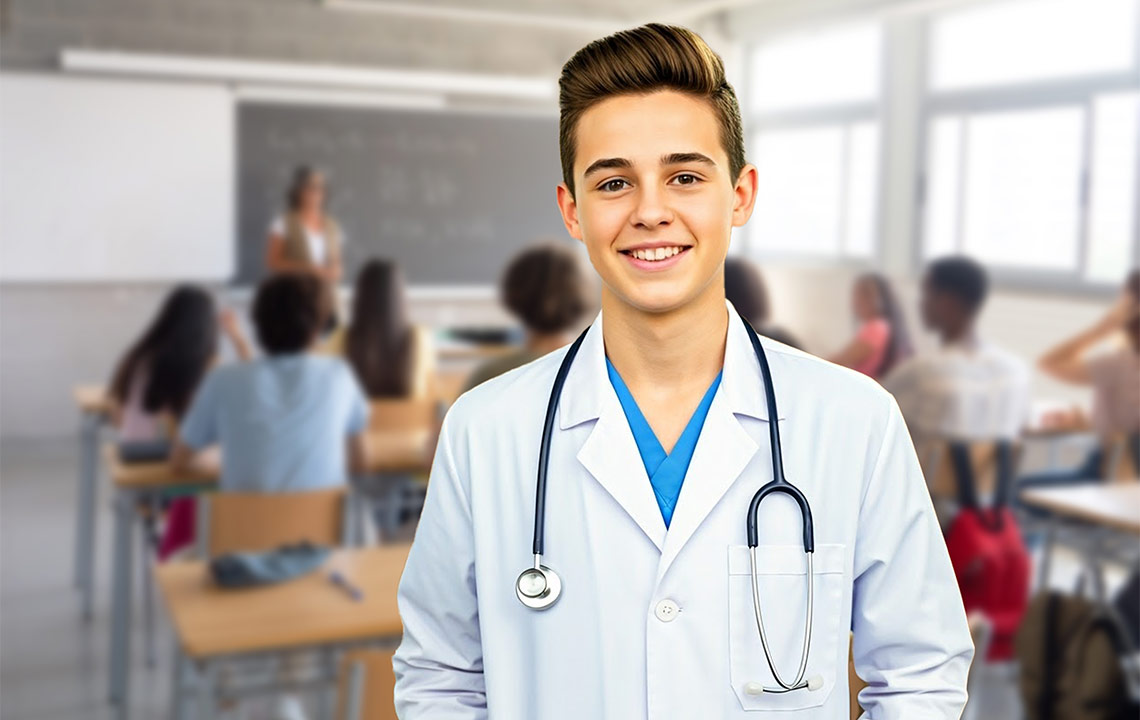 Teenage boy in a classroom wearing a doctor's uniform and a stethoscope around his neck